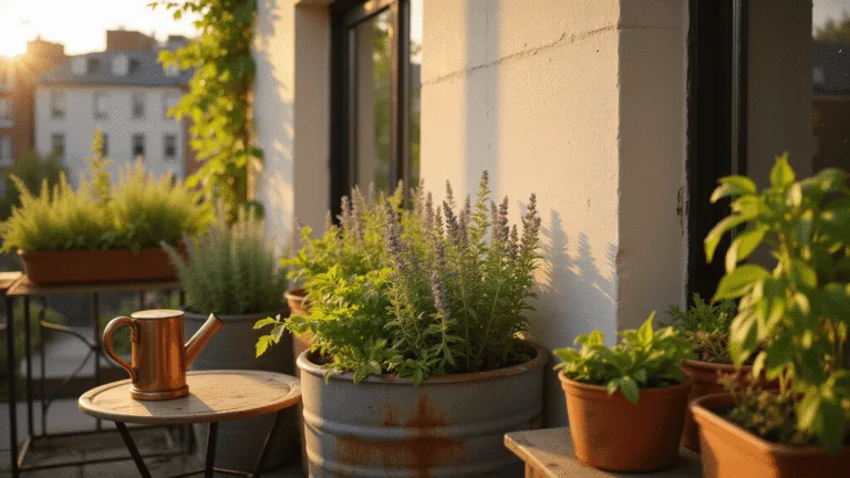 How to Create a Thriving Container Herb Garden: A Complete Beginner's Guide Cinematic golden hour view of a lush urban balcony herb garden in terracotta pots and galvanized planters, featuring basil, rosemary, and lavender, with shadows and light dust particles enhancing the scene's warmth and depth.