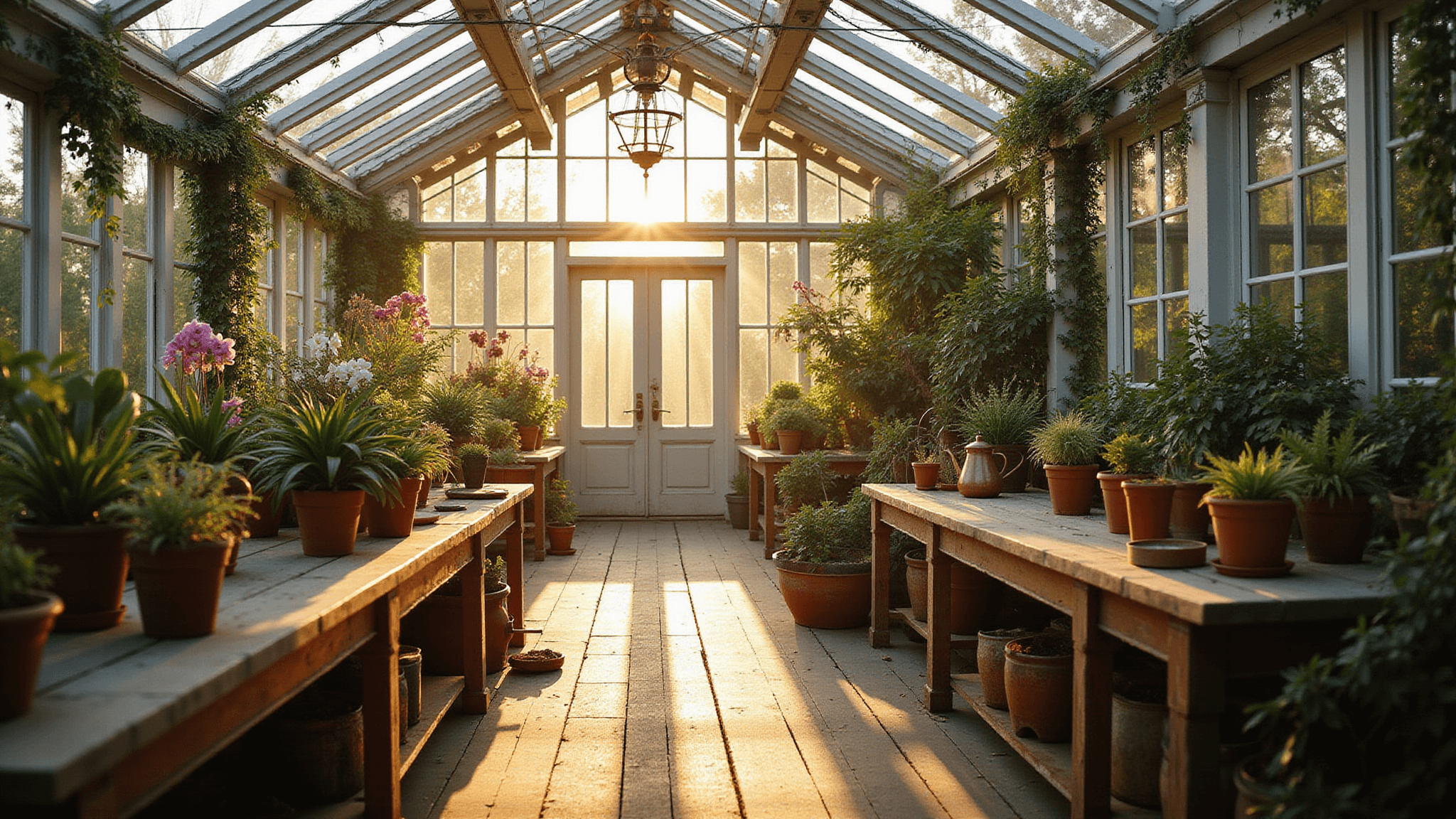 Interior of a Victorian greenhouse at golden hour, featuring intricate wrought iron shadows, lush orchids and ferns in terracotta pots, and antique gardening tools, with warm sunlight streaming through glass panels and creating a dreamy bokeh effect.
