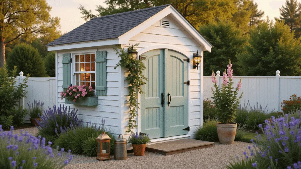 White Garden Shed: Your Ultimate Design and Inspiration Guide A charming white garden shed in cottage style illuminated by golden hour light, featuring sage green shutters, scalloped trim, window boxes with pink petunias, and surrounded by a white picket fence with blooming roses, set against a lush cottage garden.