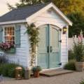A charming white garden shed in cottage style illuminated by golden hour light, featuring sage green shutters, scalloped trim, window boxes with pink petunias, and surrounded by a white picket fence with blooming roses, set against a lush cottage garden.