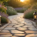A winding flagstone garden path at golden hour, surrounded by lush cottage plants, with dappled shadows, weathered lanterns, and creeping thyme, creating a warm, inviting scene.