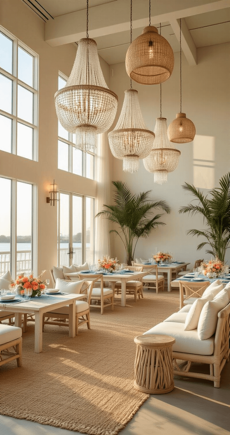 Florida Event Decor: Transforming Ordinary Spaces into Extraordinary Experiences A coastal-chic corporate ballroom featuring white-washed wooden tables, textured blue linens, and coral centerpieces, illuminated by golden hour light through floor-to-ceiling windows, with crystal chandeliers and woven rattan pendants hanging above. Cream linen sofas and driftwood tables are placed on natural jute rugs, while painted palm fronds cast shadows on pearl-white walls, all captured from an elevated corner angle.