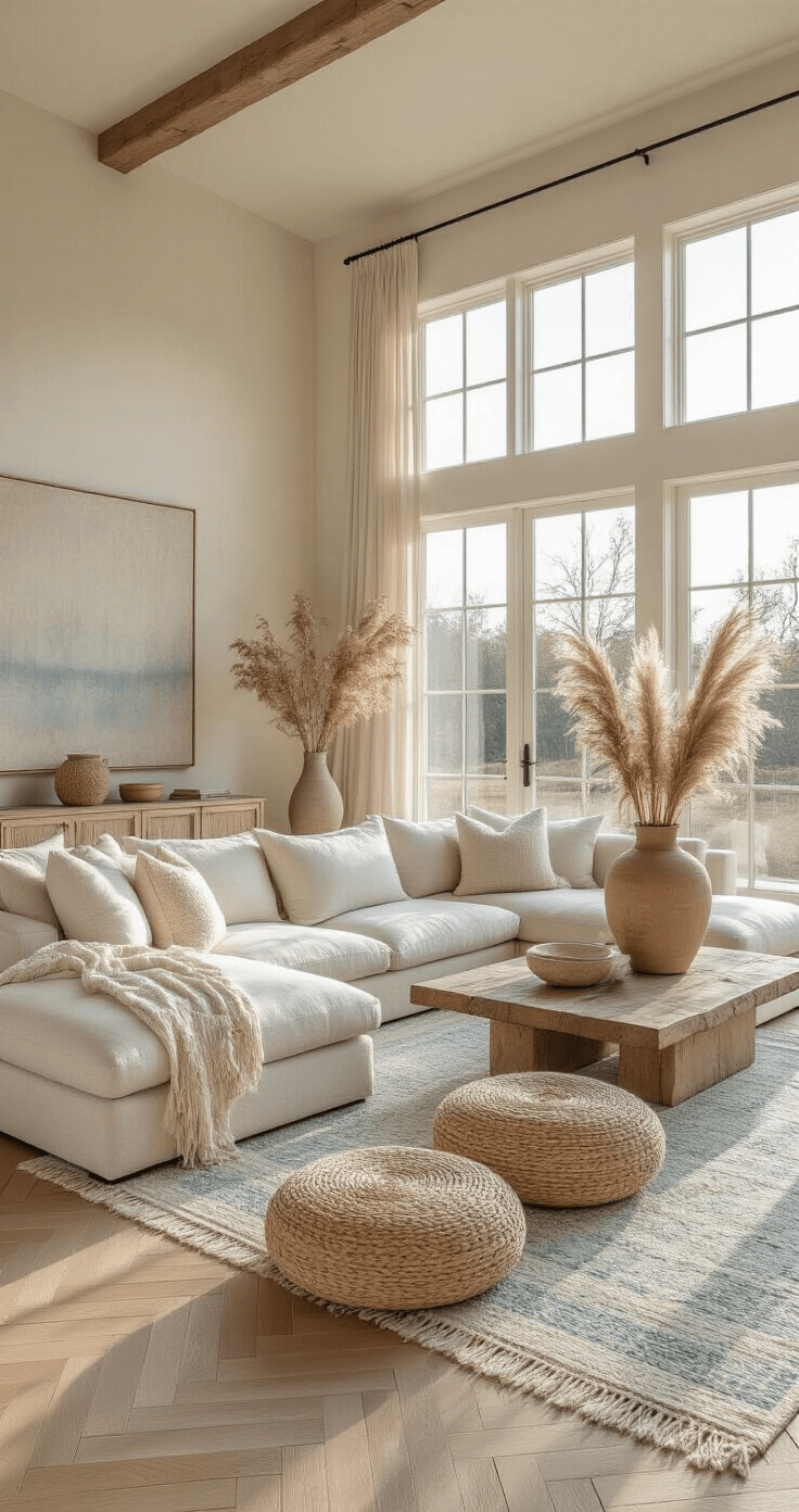 Unique Coastal Decor: Transforming Your Space with Seaside Sophistication A sunlit living room with high ceilings, featuring a Belgian linen sectional, weathered oak herringbone floors, vintage Moroccan rugs, and textured decor elements in soft coastal colors.