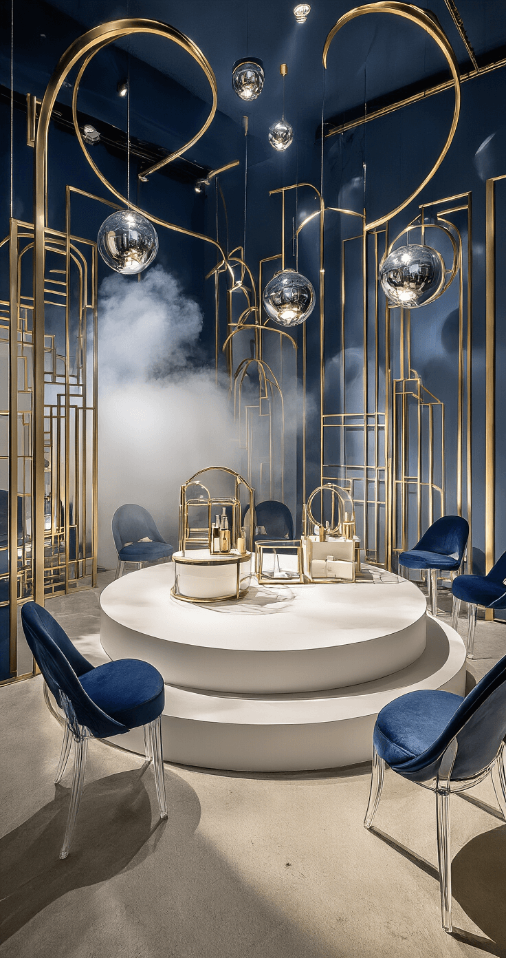 Florida Event Decor: Transforming Ordinary Spaces into Extraordinary Experiences An intimate product launch space featuring midnight blue walls and metallic gold geometric installations, with spotlighting creating dramatic shadows. A curved white platform displays products, surrounded by ghost chairs with velvet cushions, while floating mirror orbs and smoke create an ethereal atmosphere. Art deco-inspired backdrops add champagne and silver tones, all captured at eye level with a wide-angle lens to emphasize the luxurious, mysterious mood.