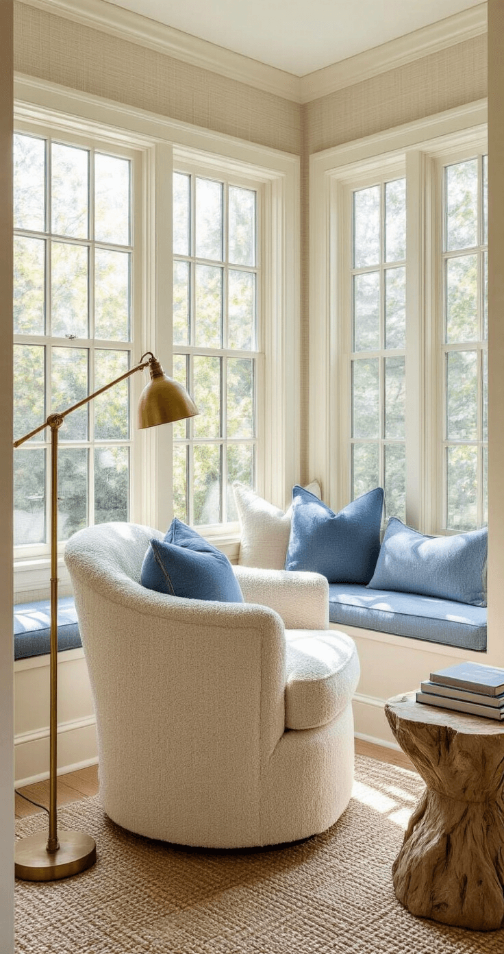 Unique Coastal Decor: Transforming Your Space with Seaside Sophistication Cozy reading nook in a bay window alcove with mid-morning light casting shadows, featuring a cream boucle swivel chair, coastal blue window seat cushions, a brass floor lamp, driftwood side table, and stacked coffee table books, all set against woven grass cloth wallpaper in warm cream and sandy beige tones.