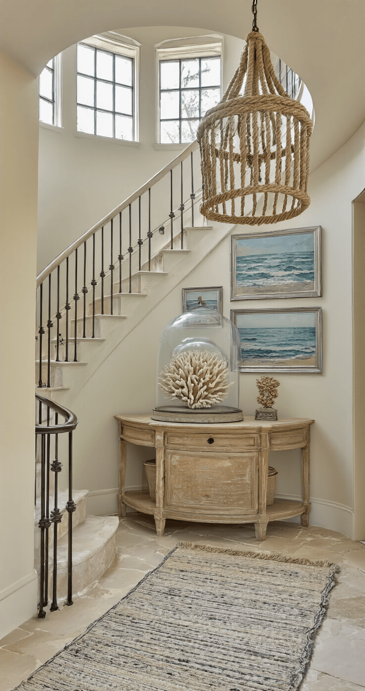 Unique Coastal Decor: Transforming Your Space with Seaside Sophistication A welcoming entryway with a curved staircase, flooded with natural light from transom windows, features limestone flooring, a vintage cerused oak console displaying a coral specimen under glass, a rope-wrapped chandelier, and a gallery wall of vintage seascapes in silver frames, with layered vintage runners leading to the stairs.