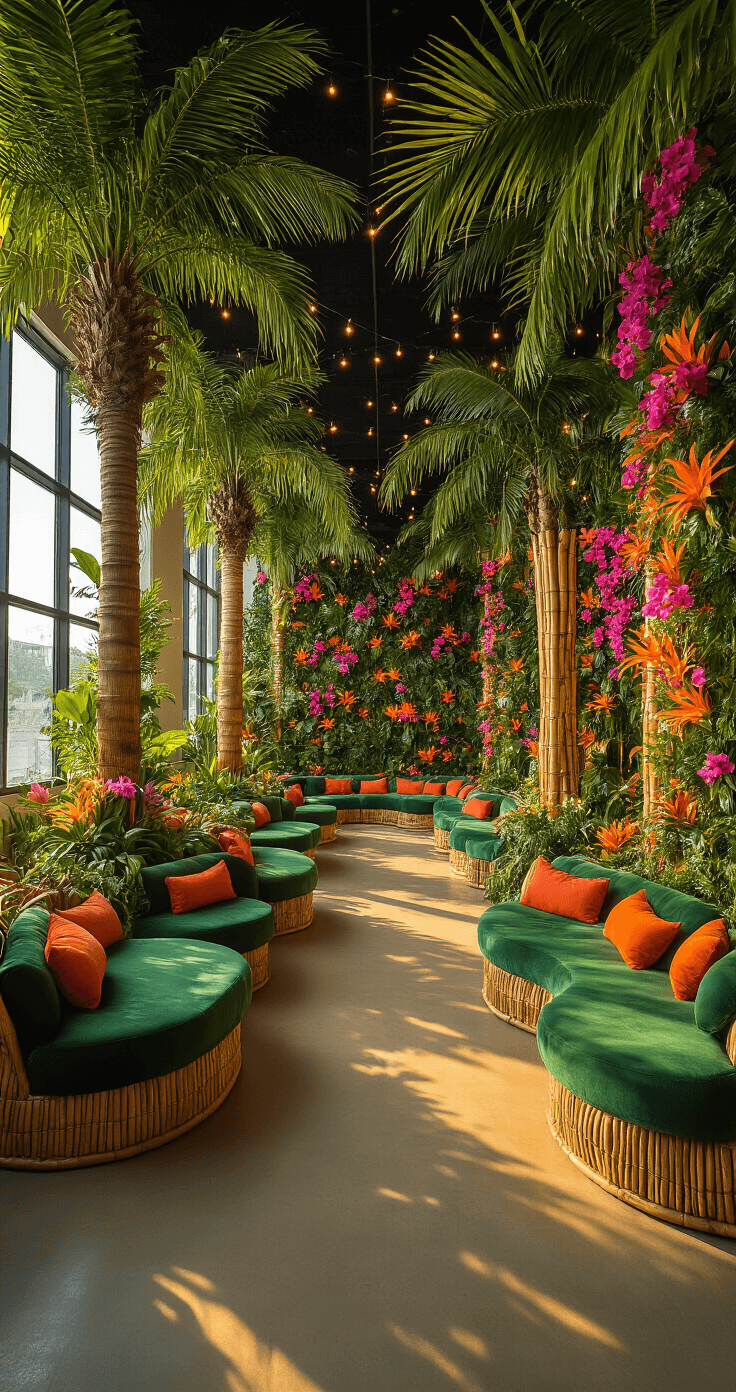 Florida Event Decor: Transforming Ordinary Spaces into Extraordinary Experiences A 50x70ft convention hall transformed into a tropical paradise, featuring towering preserved palm trees, vibrant orchid and bromeliad living walls, custom bamboo archways, and emerald velvet seating pods, all illuminated by warm string lights, with projected leaf patterns creating dynamic shadows, captured from the guest entrance at golden hour.