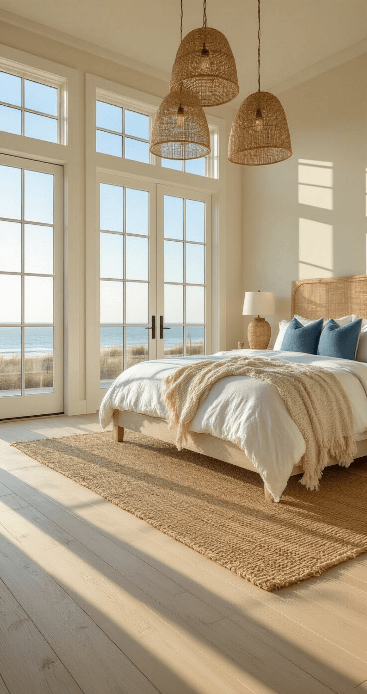 Coastal Bedroom Decor: Your Ultimate Guide to Creating a Serene Beach-Inspired Sanctuary A spacious coastal bedroom featuring a king-sized bed with layered bedding, bathed in golden hour sunlight, showcasing whitewashed oak floors, rattan pendant lights, and jute textures.