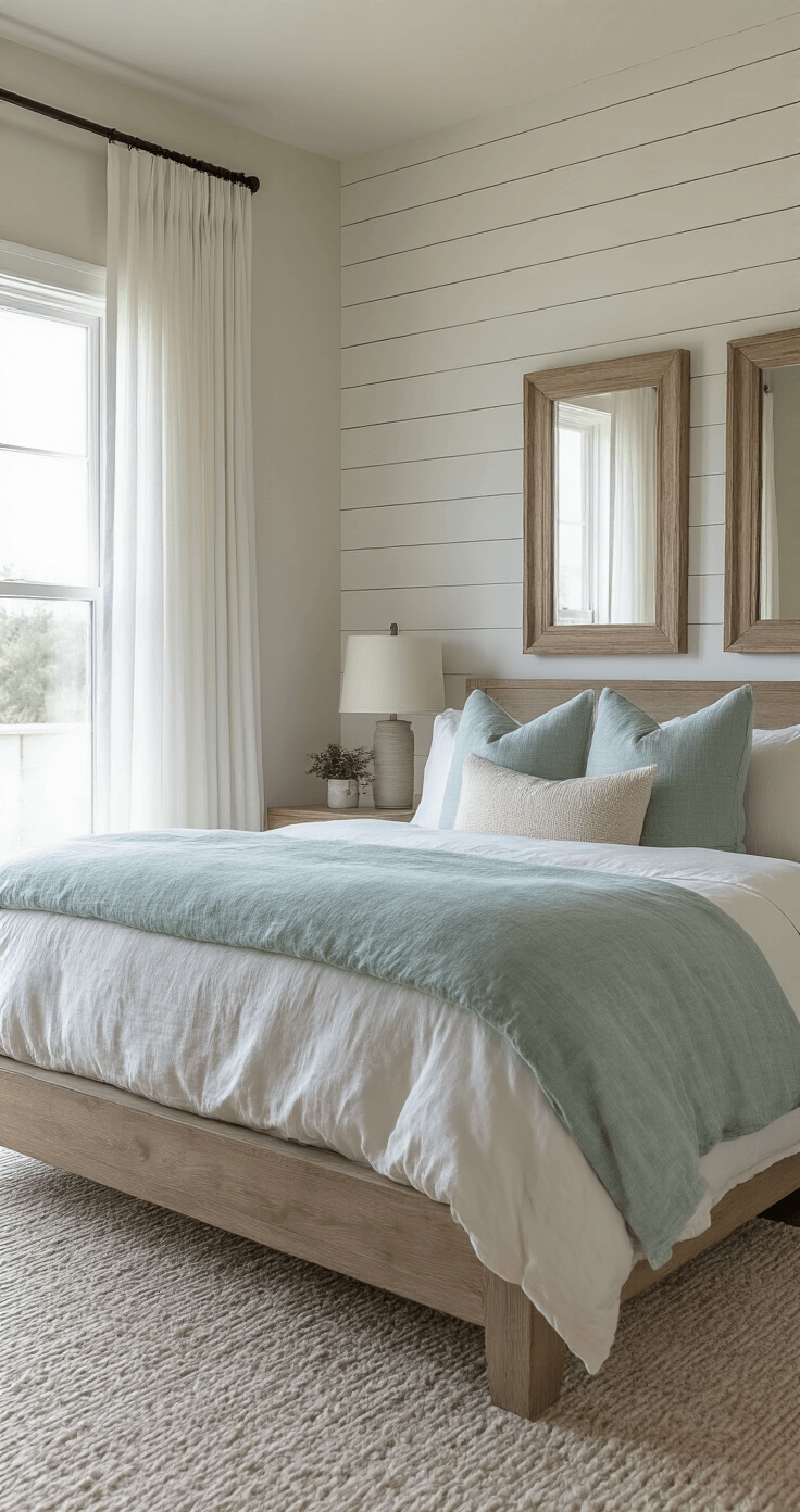 Coastal Bedroom Decor: Your Ultimate Guide to Creating a Serene Beach-Inspired Sanctuary A cozy master bedroom at dawn with a weathered white shiplap accent wall, modern platform bed, and gauzy white curtains. Driftwood-framed mirrors reflect morning light across pale grey grasscloth wallpaper. The scene features layered bedding in seafoam, ivory, and sand tones, captured with shallow depth of field.
