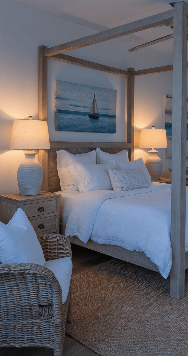 Coastal Bedroom Decor: Your Ultimate Guide to Creating a Serene Beach-Inspired Sanctuary Corner view of a coastal bedroom at dusk, featuring warm lighting from oversized ceramic table lamps, a contemporary four-poster bed with rumpled white linen bedding, woven water hyacinth chairs, and maritime artwork, all creating a moody yet clear atmosphere.