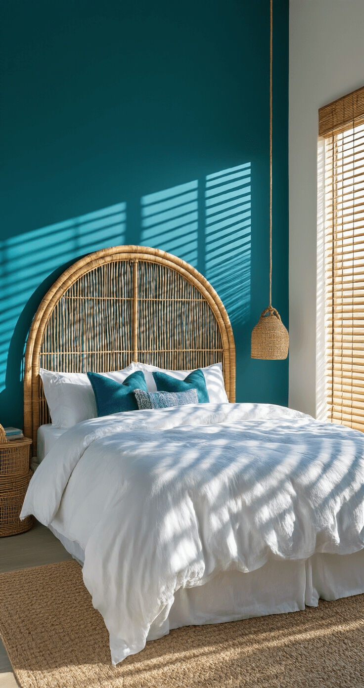 Coastal Bedroom Decor: Your Ultimate Guide to Creating a Serene Beach-Inspired Sanctuary Bright and airy bedroom with a teal accent wall and rattan headboard, featuring cloud-white bedding, vintage indigo textiles, and handwoven baskets, illuminated by mid-morning light streaming through bamboo blinds.