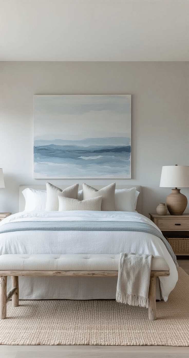 Coastal Bedroom Decor: Your Ultimate Guide to Creating a Serene Beach-Inspired Sanctuary Minimalist coastal retreat with pale grey walls, low-profile bed in stonewashed linen, and oversized abstract seascape, featuring handmade ceramic vessels and weathered wood accents, captured during blue hour with cool tones and serene lighting.