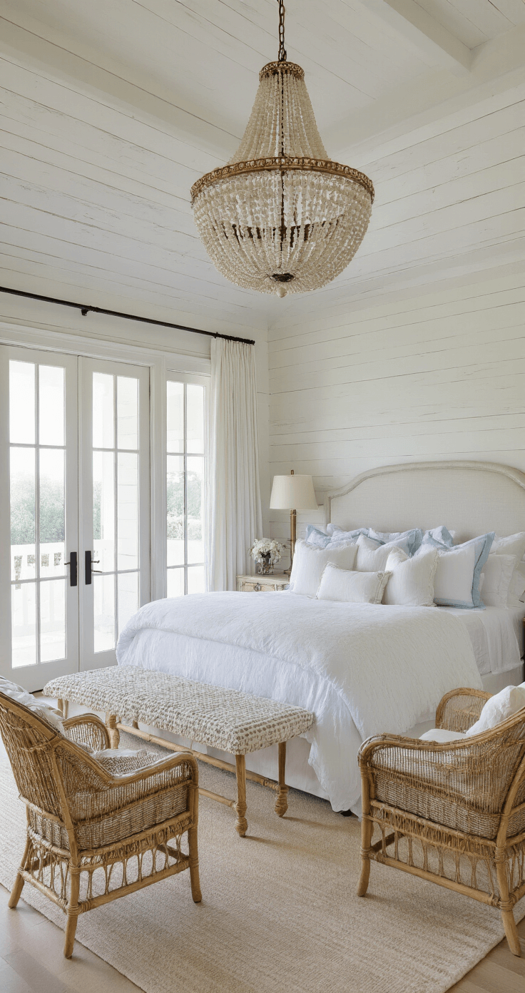 Coastal Bedroom Decor: Your Ultimate Guide to Creating a Serene Beach-Inspired Sanctuary Luxurious master suite with high-gloss white shiplap ceiling, California king bed dressed in white and blue linens, flanked by rattan chairs and brass side tables, highlighted by a shell chandelier, all captured from an elevated angle.