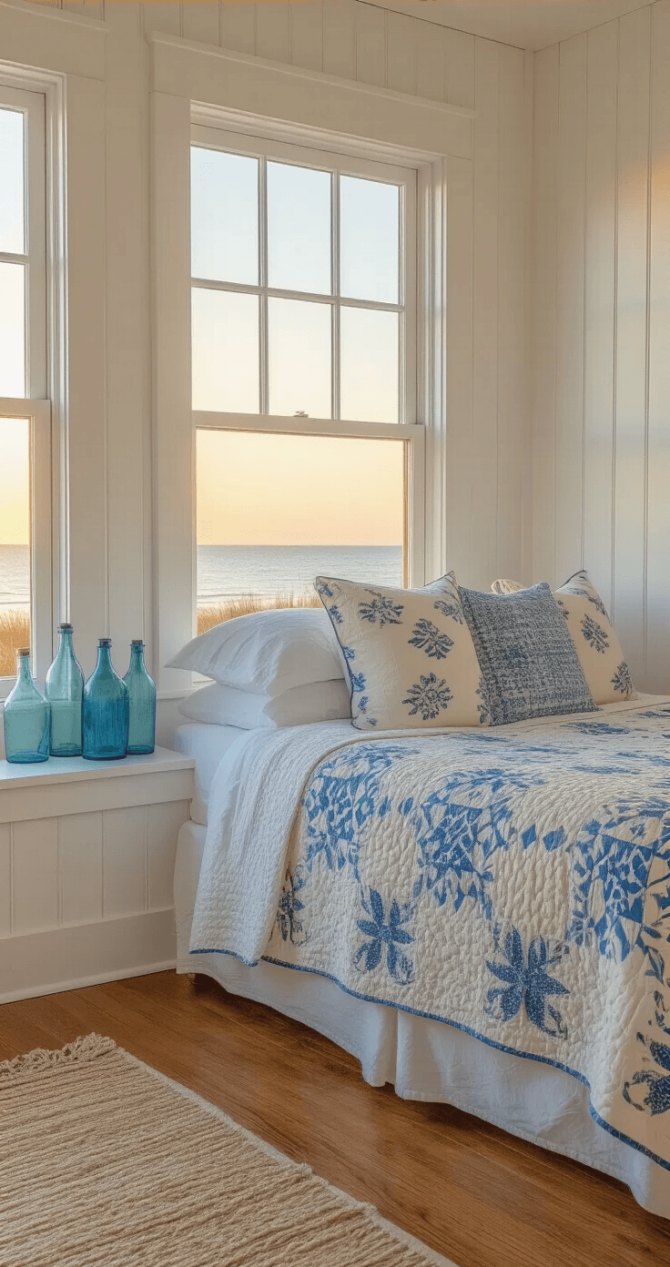 Coastal Bedroom Decor: Your Ultimate Guide to Creating a Serene Beach-Inspired Sanctuary Cozy beach cottage bedroom with honey-toned hardwood floors and white beadboard walls at sunset, featuring a queen bed with a vintage coastal quilt and hand-blocked pillows, antique blue glass bottles on a whitewashed windowsill, captured with warm light for an intimate atmosphere.