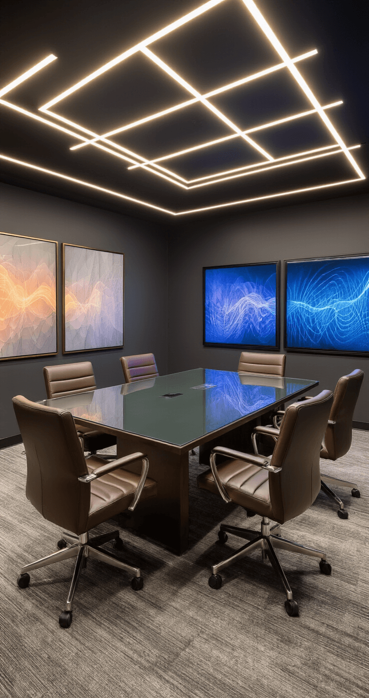 Florida Event Decor: Transforming Ordinary Spaces into Extraordinary Experiences A sophisticated executive meeting space featuring charcoal grey walls, brushed brass details, and custom LED lighting, with a glass conference table and leather executive chairs, captured from a corner desk perspective.