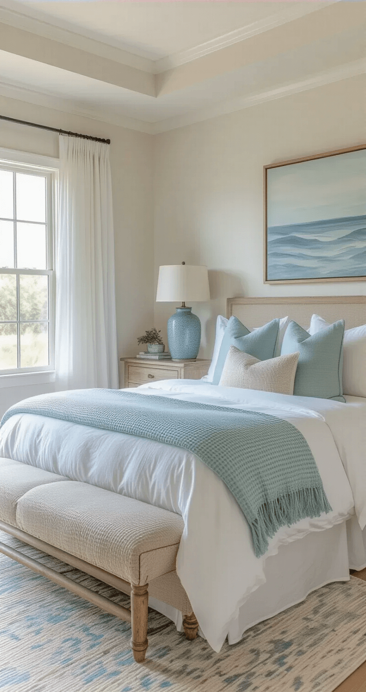 Coastal Chic Decor: Elevate Your Home with Effortless Seaside Sophistication Master bedroom bathed in warm golden hour light, featuring a king bed with white linen and textured throws, weathered oak nightstands, and pale blue lamps, with sheer curtains and an abstract seascape artwork.