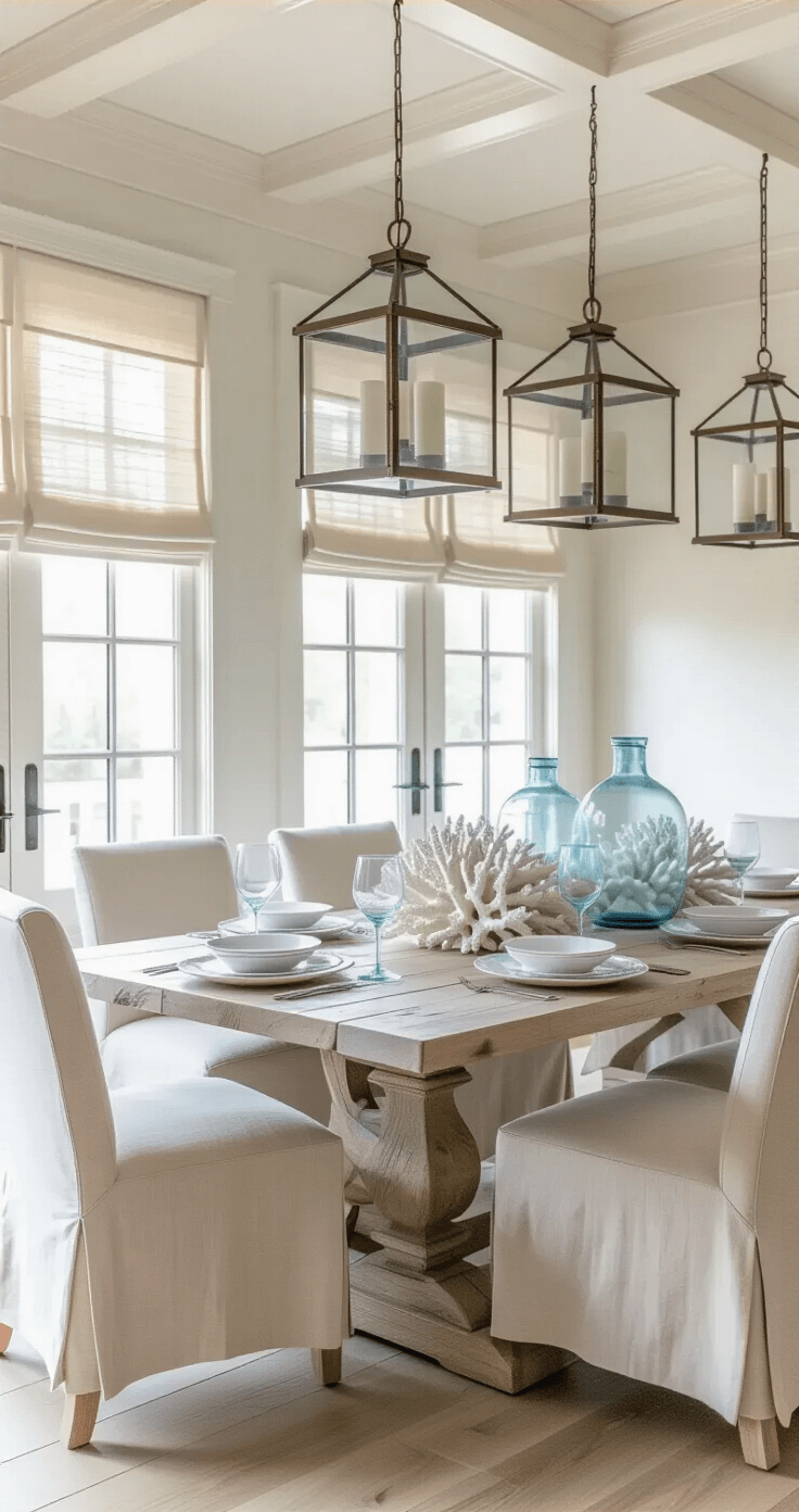 Coastal Chic Decor: Elevate Your Home with Effortless Seaside Sophistication Coastal dining space featuring a whitewashed trestle table for eight, surrounded by upholstered chairs in wet sand color, with coffered ceiling detail and natural light filtering through linen Roman shades, accented by oversized glass hurricane lanterns and an organic centerpiece of white coral and blue glass vessels.