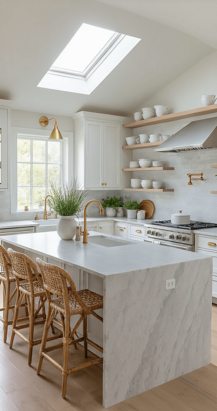 Coastal Chic Decor: Elevate Your Home with Effortless Seaside Sophistication Spacious airy kitchen featuring white shaker cabinets, pale grey quartzite counters, and a marble waterfall island with woven bar stools, illuminated by natural light from a skylight and soft under-cabinet lighting, accented with brass fixtures and decorative open shelving displaying white ironstone and sea-tinted glass.