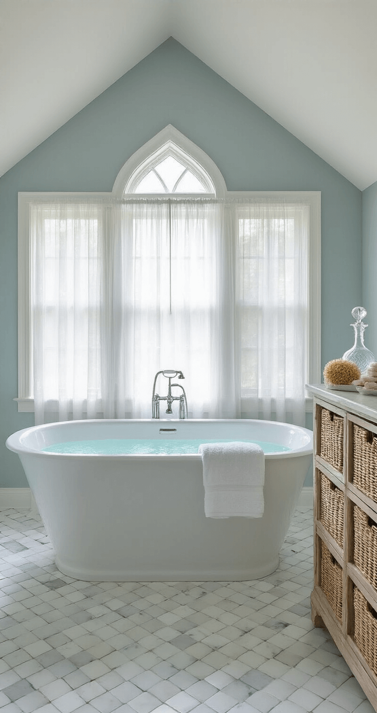 Coastal Chic Decor: Elevate Your Home with Effortless Seaside Sophistication A serene bathroom retreat featuring a freestanding soaking tub under a window with privacy sheers, soft grey-blue walls, basket-weave marble floor tiles, and a vintage apothecary cabinet displaying towels and sea sponges, all illuminated by morning light.