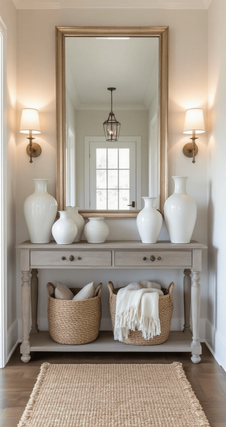 Coastal Chic Decor: Elevate Your Home with Effortless Seaside Sophistication A well-styled entryway in a wide hallway features a distressed driftwood grey console table topped with an oversized champagne-finished mirror. A collection of white ceramic vases in various heights adds visual interest, while a woven basket below holds textured throws. A sisal runner guides the eye through the space, enhanced by wall sconces providing a warm glow and a mix of natural and artificial lighting.