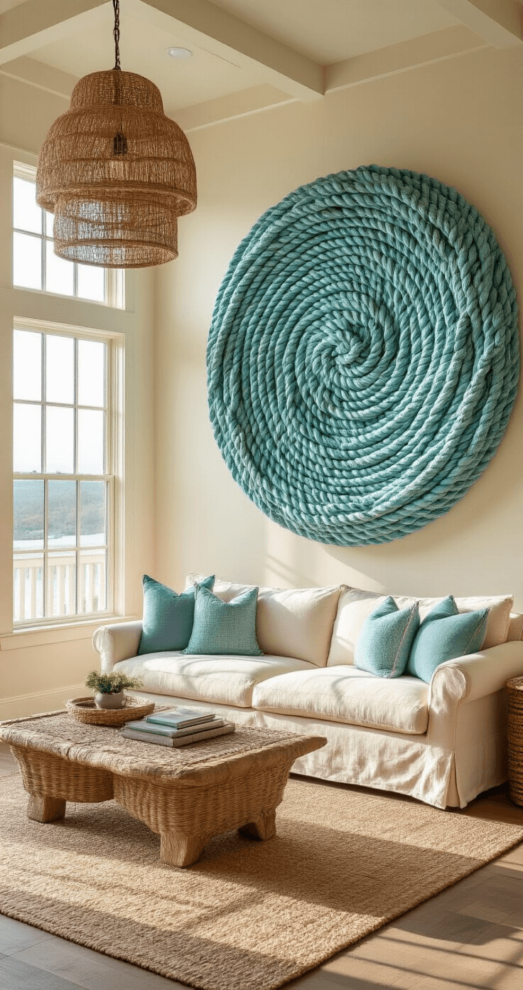 Elevate Your Space: Unique Coastal Wall Decor That Tells a Story A sunlit coastal living room featuring a cream linen sofa and a large recycled lobster rope wave sculpture in aqua and weathered blue tones, illuminated by golden afternoon light and a rattan pendant light casting intricate shadows.
