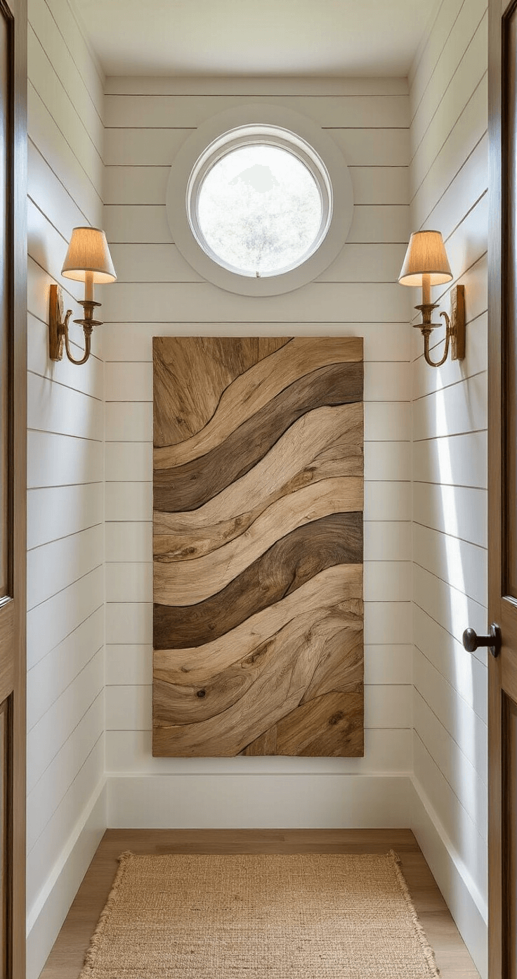 Elevate Your Space: Unique Coastal Wall Decor That Tells a Story A cozy entryway with warm white shiplap walls, featuring a hand-carved driftwood mosaic of abstract waves illuminated by morning light through a porthole window. Vintage brass sconces adorn the sides, while a low angle shot highlights the architectural details and natural textures of the space.
