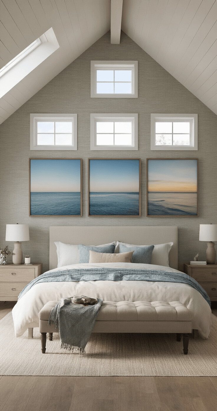 Elevate Your Space: Unique Coastal Wall Decor That Tells a Story A modern primary bedroom with a vaulted ceiling and clerestory windows, featuring dawn light illuminating large-format coastal photography prints in muted blues and grays. The room is adorned with textured grasscloth wallpaper, creating a serene atmosphere captured from bed level.