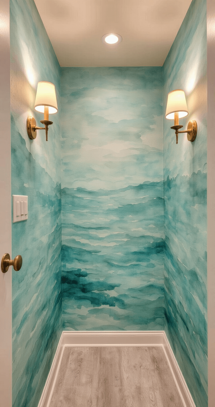 Elevate Your Space: Unique Coastal Wall Decor That Tells a Story A compact 8x10ft powder room with floor-to-ceiling watercolor seascape murals in soft aquas and seafoam greens, featuring brass sconces that cast warm lighting on textured walls; captured from a high angle to showcase the room's artistic details and moody atmosphere.