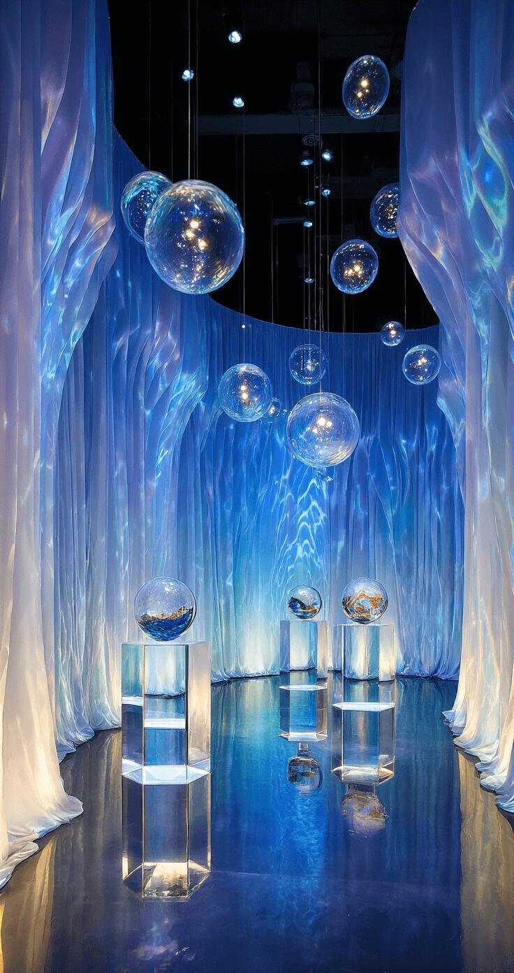 Florida Event Decor: Transforming Ordinary Spaces into Extraordinary Experiences A gala entrance measuring 25x35ft with curved iridescent walls, blue uplighting, and projected wave patterns, featuring suspended glass bubbles with floating LED orbs, a mirror-finished floor creating an infinity effect, and acrylic pedestals showcasing marine-inspired art, captured from a low angle to highlight ceiling details and reflections.