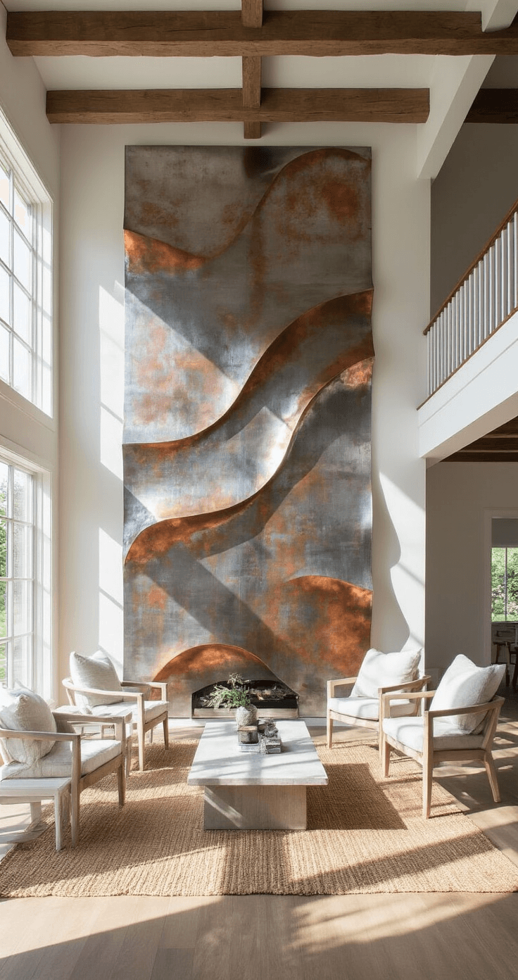 Elevate Your Space: Unique Coastal Wall Decor That Tells a Story Open concept great room featuring exposed wooden beams, a metal wave wall installation in hammered silver and copper, natural jute rug, and whitewashed wood furniture, illuminated by late morning light with dramatic shadows.