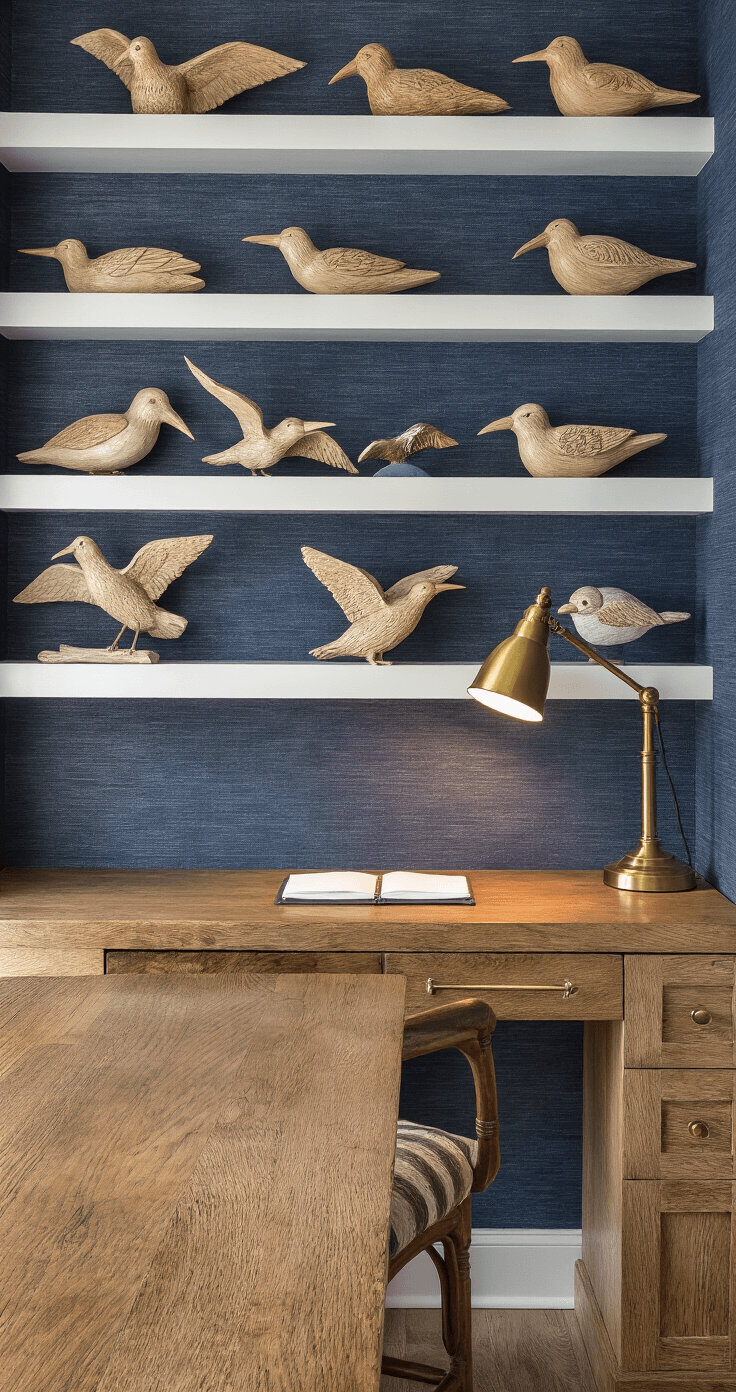 Elevate Your Space: Unique Coastal Wall Decor That Tells a Story Cozy home office featuring built-in shelving, afternoon light illuminating carved wooden shorebirds on navy grasscloth wallpaper, and a brass task lamp providing warm lighting.