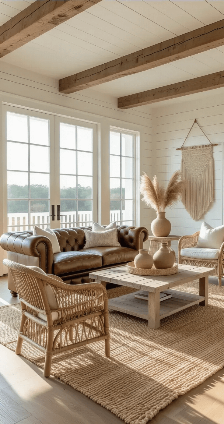Coastal Cowgirl Decor: Your Ultimate Guide to Sun-Soaked Western Chic Sun-drenched living room with 12ft ceilings, exposed wooden beams, and floor-to-ceiling windows, featuring a distressed leather Chesterfield sofa, weathered rattan armchairs, layered rugs, and a macramé wall hanging, all bathed in golden hour light.