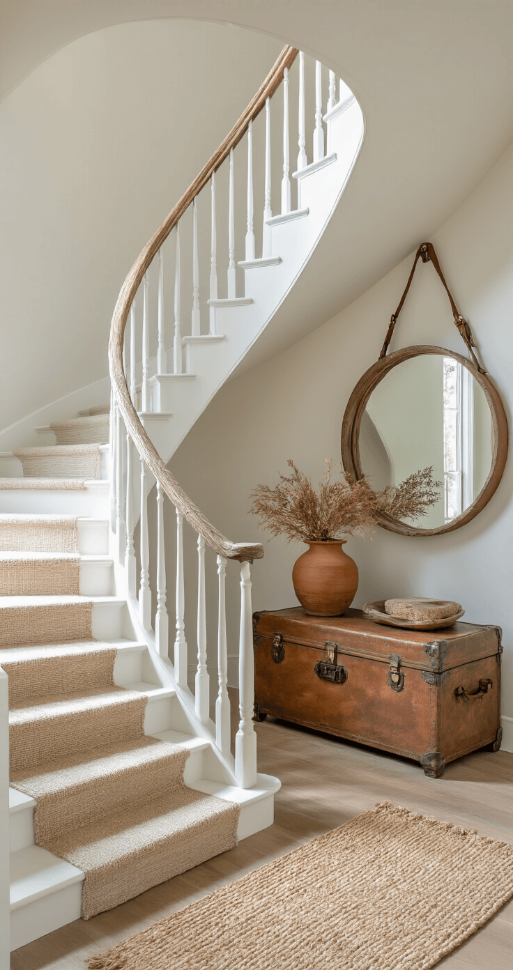 Coastal Cowgirl Decor: Your Ultimate Guide to Sun-Soaked Western Chic An airy entryway featuring a curved staircase with a rope handrail and whitewashed spindles, illuminated by mid-morning light casting dramatic shadows. An oversized round mirror with a weathered leather strap reflects the natural light, while a vintage trunk serves as a console table adorned with driftwood and brass objects. A braided jute runner leads to the stairs, and a terracotta pot with dried botanicals adds an earthy touch. The low camera angle highlights the height and architectural details in a bright atmosphere with western accents.