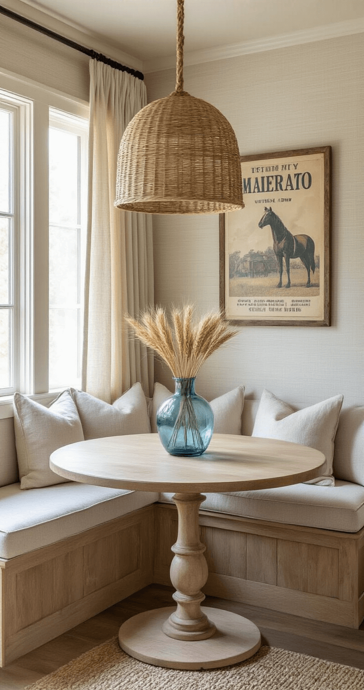 Coastal Cowgirl Decor: Your Ultimate Guide to Sun-Soaked Western Chic A cozy kitchen nook featuring a built-in banquette in natural linen, a round pedestal table in bleached oak adorned with a blue-tinted glass vase and dried wheat, and a rattan pendant light. Soft afternoon light filters through cafe curtains, highlighting a vintage rodeo poster in a weathered frame against textured grasscloth wallpaper in 'Sea Salt', captured at a quarter angle to emphasize the inviting atmosphere and refined details.