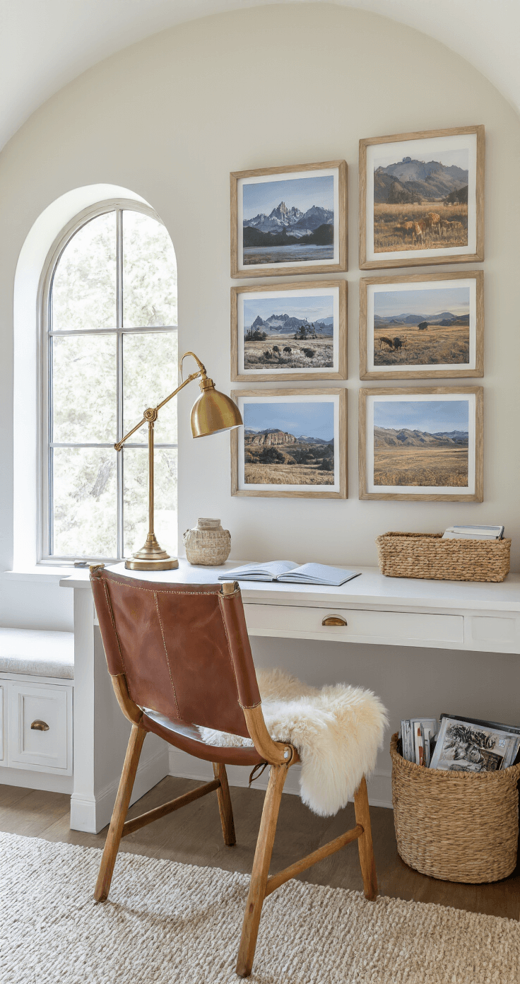 Coastal Cowgirl Decor: Your Ultimate Guide to Sun-Soaked Western Chic A cozy home office alcove featuring an arched window, a whitewashed desk with a leather sling chair, and a gallery wall of coastal photographs and western landscapes. A brass task lamp illuminates the space, while a woven leather basket holds rolled magazines and a sheepskin drapes over the chair.