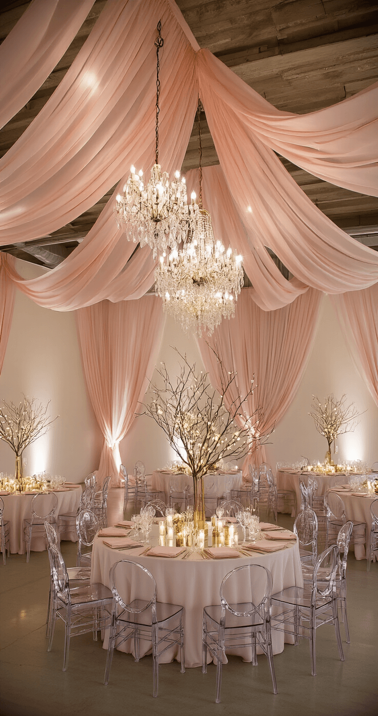 Florida Event Decor: Transforming Ordinary Spaces into Extraordinary Experiences A stunning wedding reception space featuring blush pink silk drapery, crystal chandeliers, and organic branch installations with fairy lights, surrounded by ghost chairs and mirrored tables with floating candle centerpieces, all set against ivory walls with geometric gold frames, captured from an elevated angle to showcase the elegant and dreamy atmosphere.