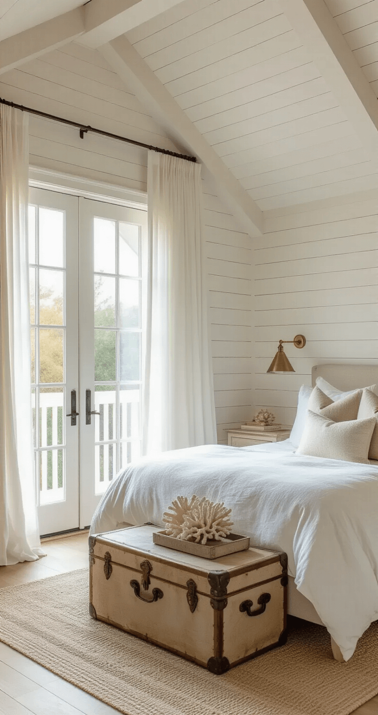 Coastal Cottage Decor: Transform Your Space into a Seaside Sanctuary A dreamy master bedroom with a king bed adorned in white linen and textured pillows, featuring a whitewashed wooden frame against a shiplap accent wall, illuminated by golden hour light filtering through gauzy curtains, with French doors opening to a small balcony and a vintage trunk serving as a bedside table.