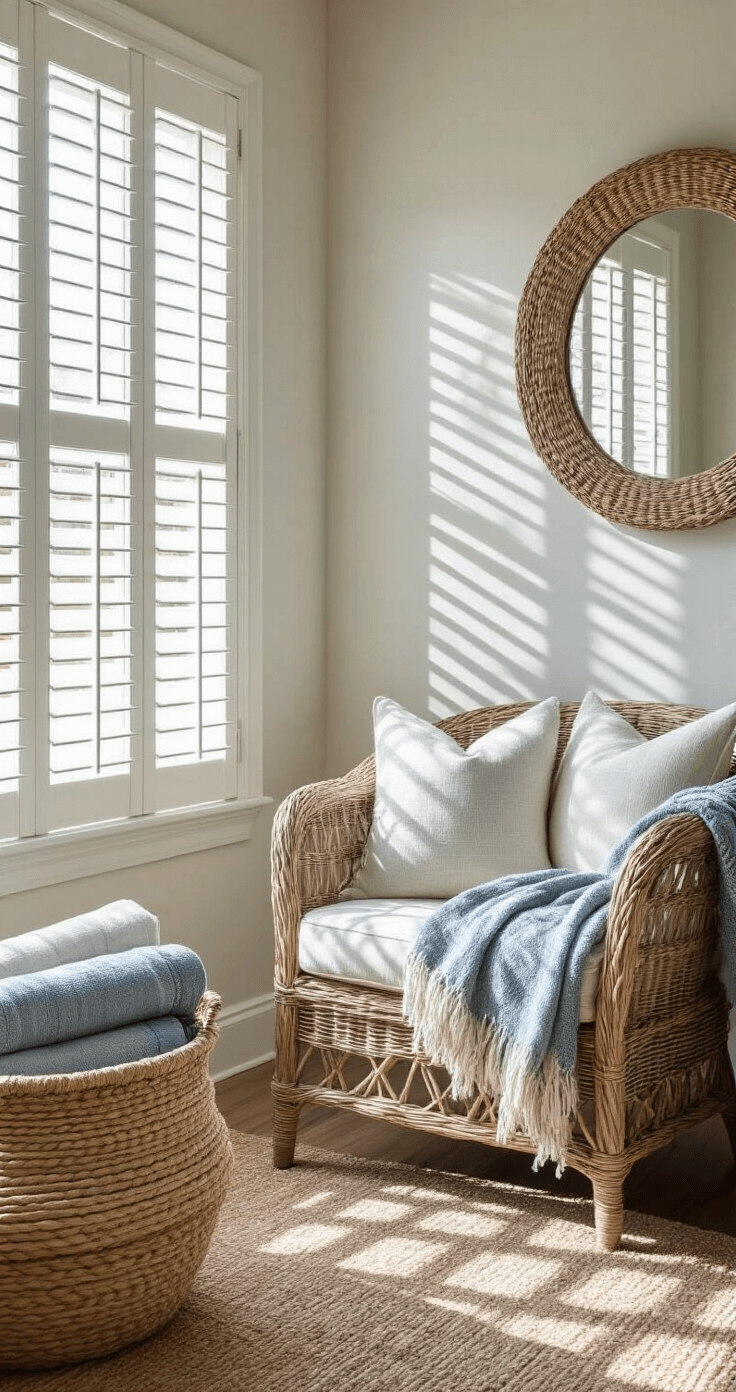 Coastal Cottage Decor: Transform Your Space into a Seaside Sanctuary Cozy reading nook with oversized wicker chair and plush cushions, distressed wooden side table, handwoven basket of coastal-themed throws, and rope-wrapped mirror, illuminated by morning light through white plantation shutters.