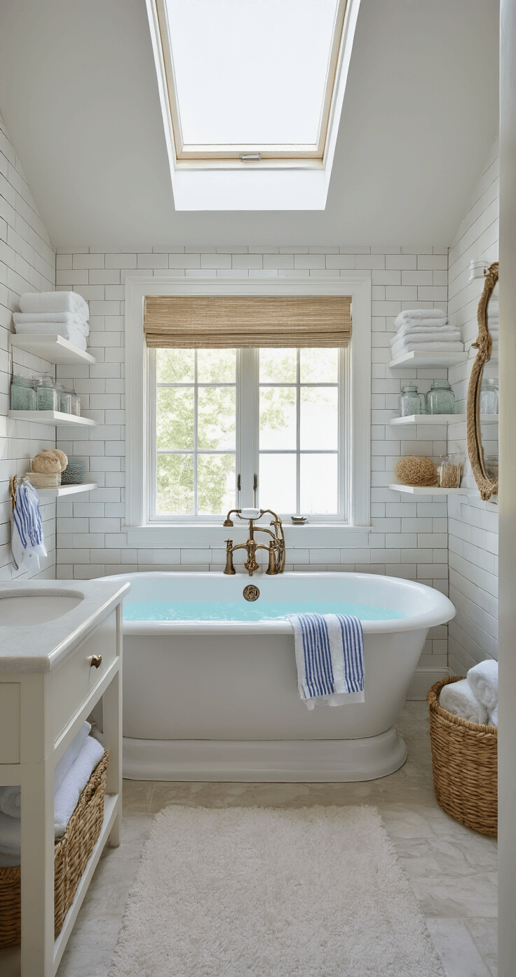 Coastal Cottage Decor: Transform Your Space into a Seaside Sanctuary A serene bathroom retreat featuring a clawfoot tub and aged brass fixtures, illuminated by diffused midday light through a skylight. White subway tile walls and open shelving displaying towels and apothecary jars create a tranquil atmosphere, with a rope-wrapped mirror above a pedestal sink, shot from the doorway angle.