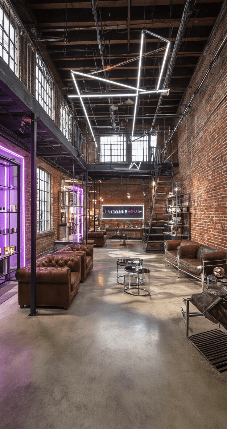 Florida Event Decor: Transforming Ordinary Spaces into Extraordinary Experiences A wide-angle view of a 35x45ft industrial chic brand activation space featuring exposed brick walls, polished concrete floors, custom neon installations, vintage leather lounges, and chrome accent furniture, all under dramatic spotlighting.