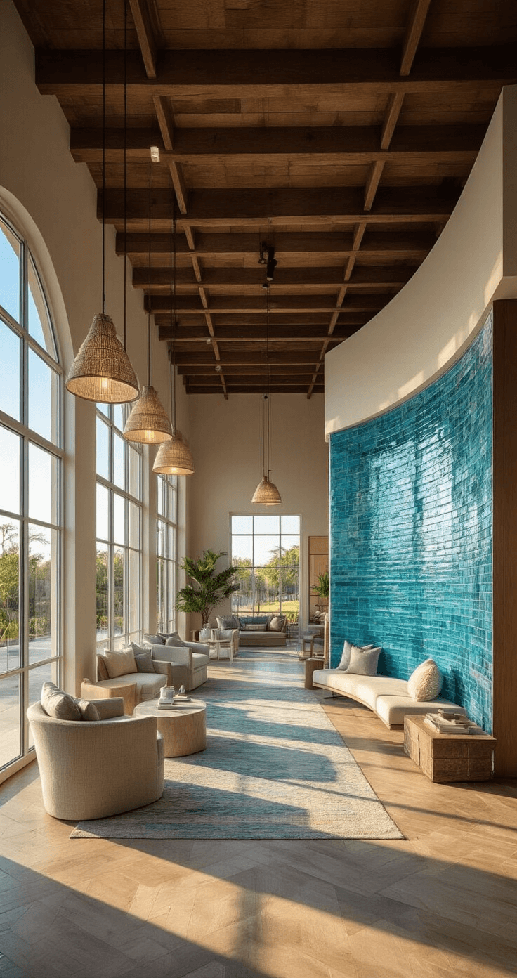 Floor & Decor Florida: Your Ultimate Flooring and Design Destination A spacious coastal Florida showroom with 12' ceilings and wooden beams, featuring a 15' curved tile display of blue-green glass tiles, multiple flooring vignettes, and elegant coastal-modern furniture, all enhanced by warm golden-hour light filtering through floor-to-ceiling windows.