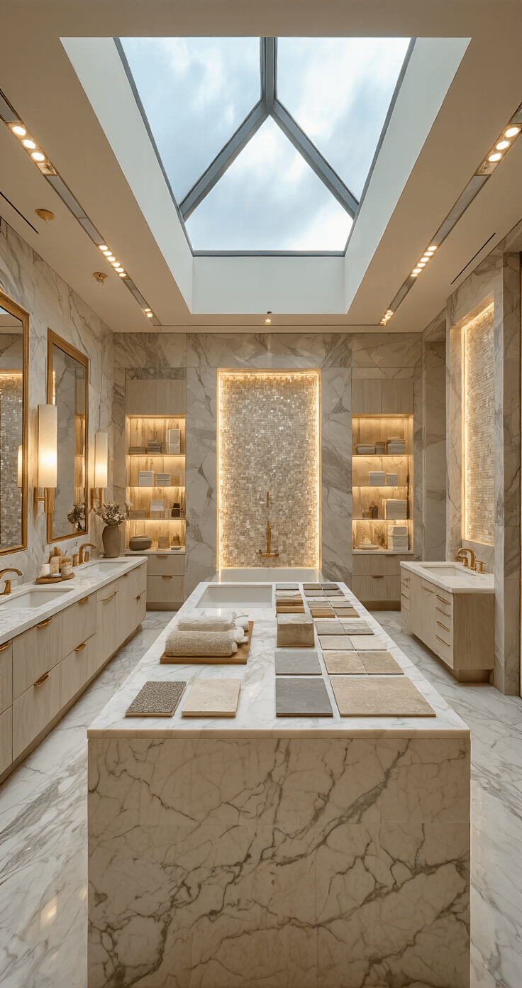 Floor & Decor Florida: Your Ultimate Flooring and Design Destination Intimate luxury bathroom design studio featuring a central marble-topped island with curated tile selections, surrounded by floor-to-ceiling marble slabs and backlit mosaic panels, all under a dramatic skylight that highlights premium fixtures in brushed gold, set in a warm color palette.