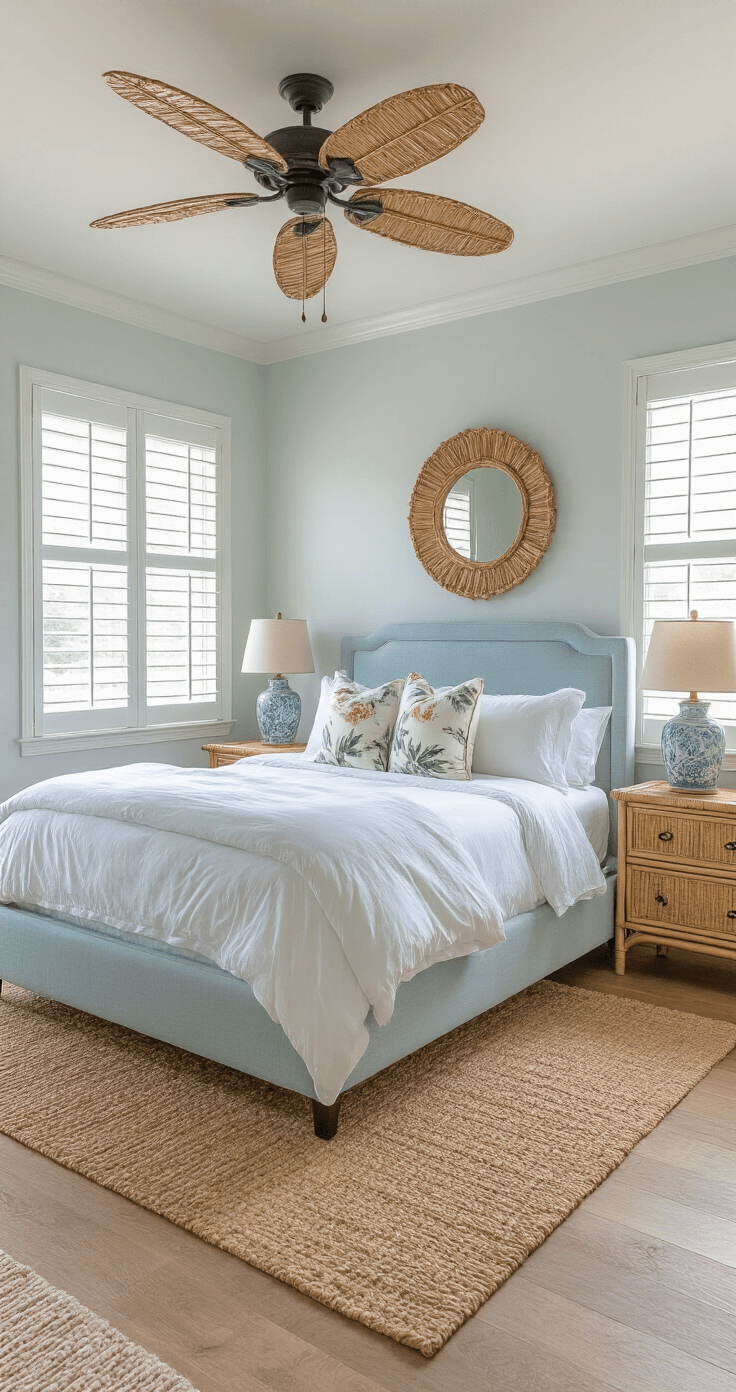 Florida Home Decor: Bringing Sunshine and Style into Your Living Space Master bedroom at dawn with a light blue king bed, white linens, and botanical print pillows, illuminated by morning light through plantation shutters. Bamboo nightstands with ceramic lamps, a vintage rattan ceiling fan, and a jute rug over wood floors. A shell-encrusted mirror hangs above the dresser, captured from a doorway at a slightly elevated angle, showcasing a serene coastal retreat vibe.