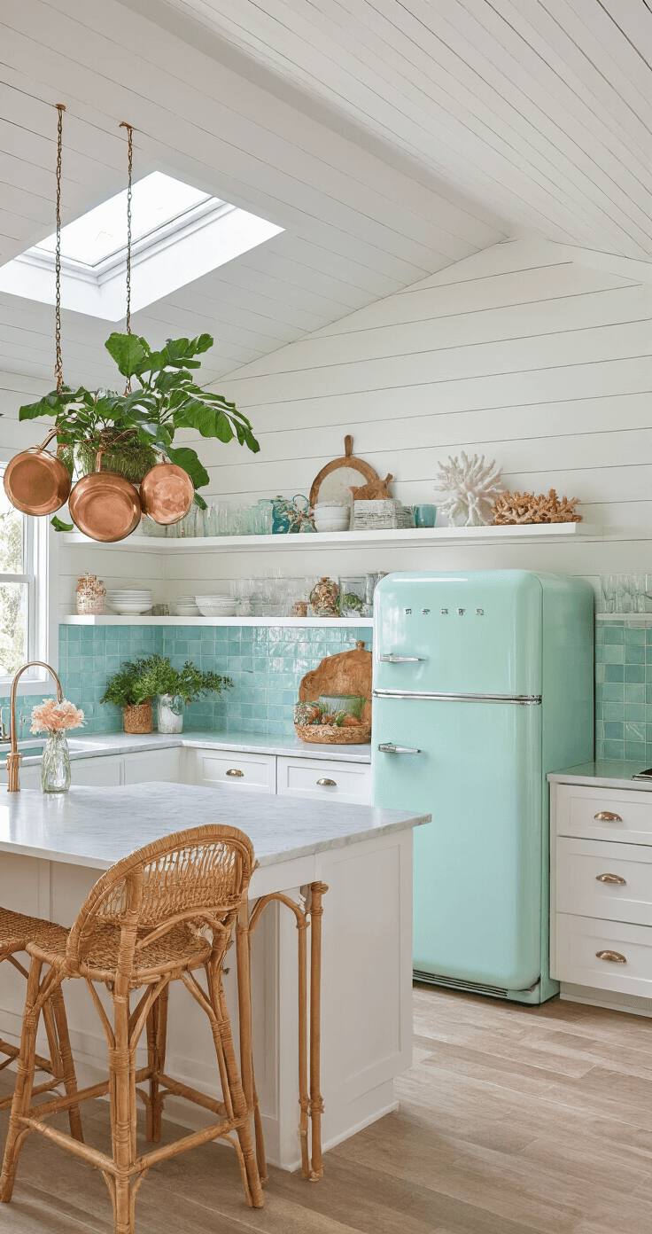 Florida Home Decor: Bringing Sunshine and Style into Your Living Space A bright open-concept kitchen featuring a white shiplap ceiling and mid-morning light from skylights, showcasing a pale mint retro refrigerator, white cabinetry, and an iridescent blue tile backsplash. Open shelving displays vintage glassware and coral, with rattan bar stools at a marble island. Hanging copper pots and tropical plants add a vibrant touch, captured from counter height with soft diffused lighting.