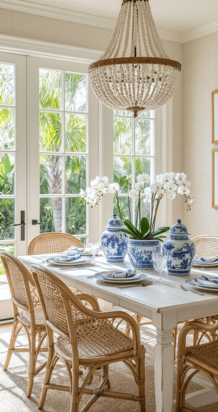 Florida Home Decor: Bringing Sunshine and Style into Your Living Space Elegant coastal dining room in Florida, featuring a whitewashed wooden table set with rattan chairs, adorned with blue and white chinoiserie vases filled with fresh orchids. Midday light filters through palm fronds, casting dappled shadows on grasscloth wallpaper. A capiz shell chandelier hangs above, capturing the scene in soft natural light.