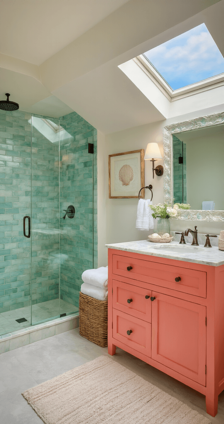 Florida Home Decor: Bringing Sunshine and Style into Your Living Space A serene guest bathroom featuring a coral-colored vanity with a marble top, a mother of pearl mirror, and a glass shower with a seafoam tile accent wall, illuminated by morning light streaming through a skylight. White Turkish towels and shell-themed artwork enhance the spa-like coastal retreat vibe, complemented by rattan storage baskets.