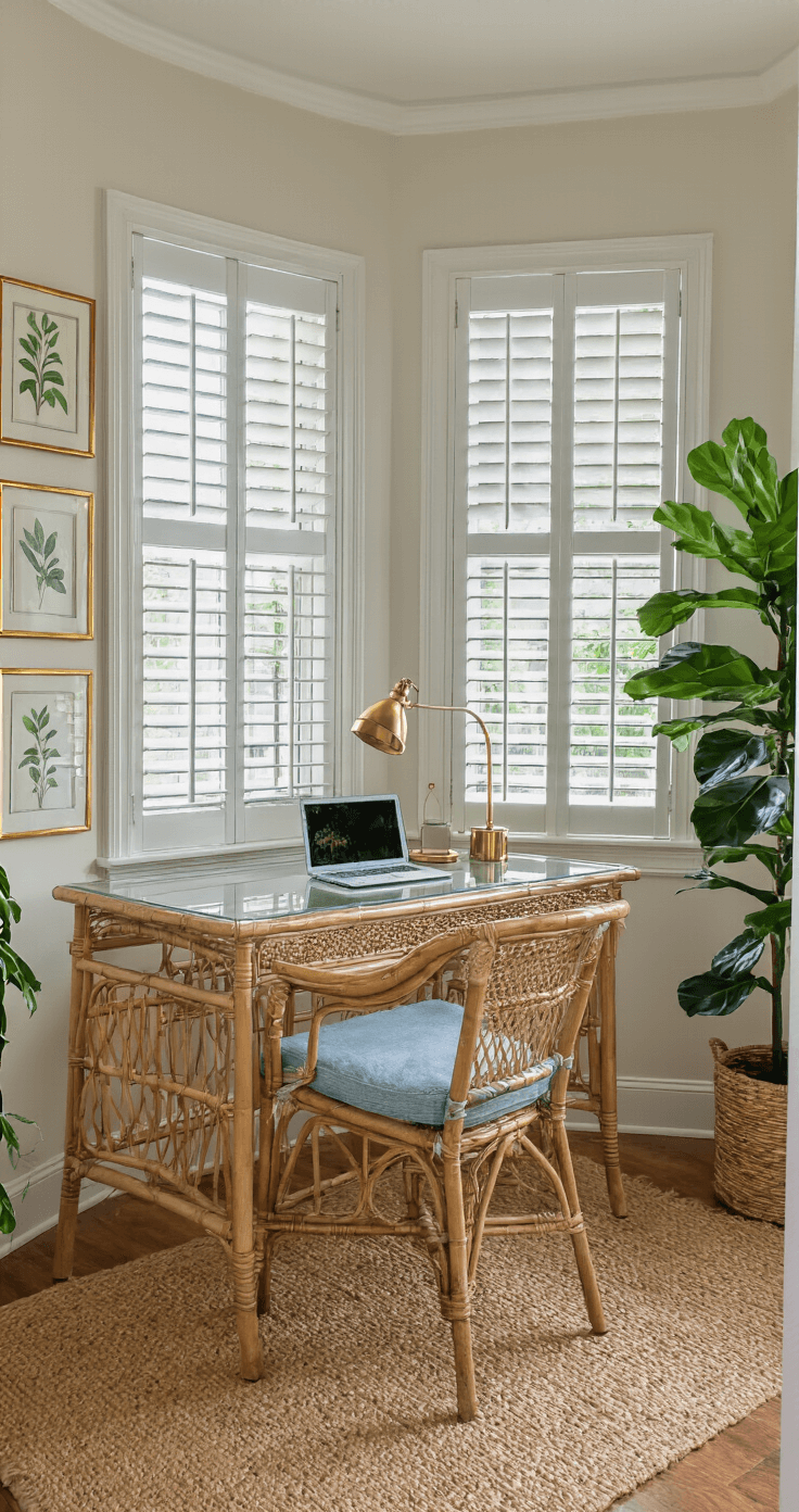 Florida Home Decor: Bringing Sunshine and Style into Your Living Space A cozy home office nook featuring a bay window, filled with afternoon light, showcasing a rattan desk with a glass top, a vintage bamboo chair with a pale blue cushion, a gallery wall of botanical prints in gold frames, a fiddle leaf fig in the corner, a jute rug, and brass desk accessories, all captured from a doorway angle.