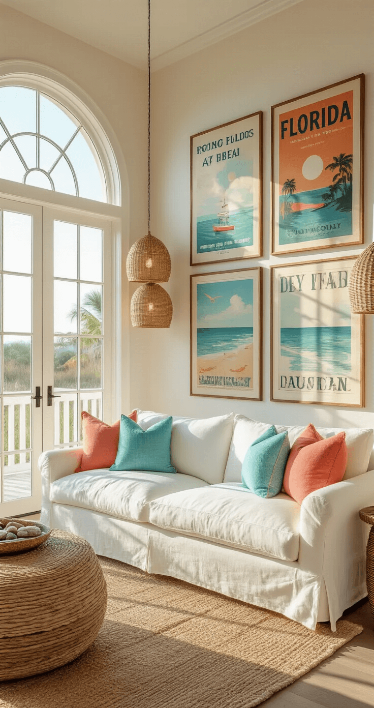 Florida Wall Decor: Bringing the Sunshine State's Vibrant Spirit into Your Home A bright coastal living room with 12ft ceilings and large arched windows, featuring vintage Florida travel posters and beach photography on a gallery wall, a white linen sofa with coral and turquoise pillows, natural woven pendant lights, and a blend of driftwood and metallic gold accents, all bathed in warm, golden afternoon light.