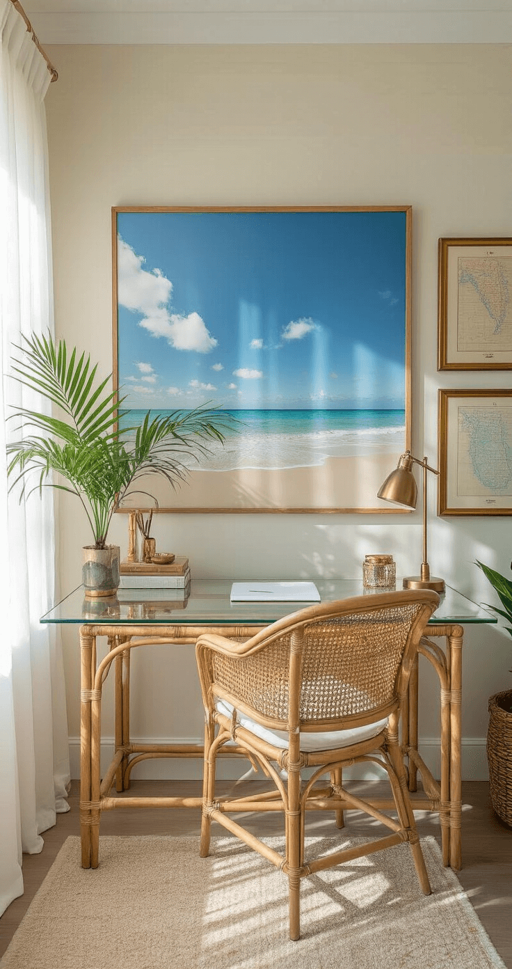 Florida Wall Decor: Bringing the Sunshine State's Vibrant Spirit into Your Home An intimate home office featuring sheer white curtains, a large beach photograph in blues and neutrals, a glass-topped rattan desk with brass accessories and a potted palm, flanked by vintage Florida maps in gold frames, all bathed in soft morning light.