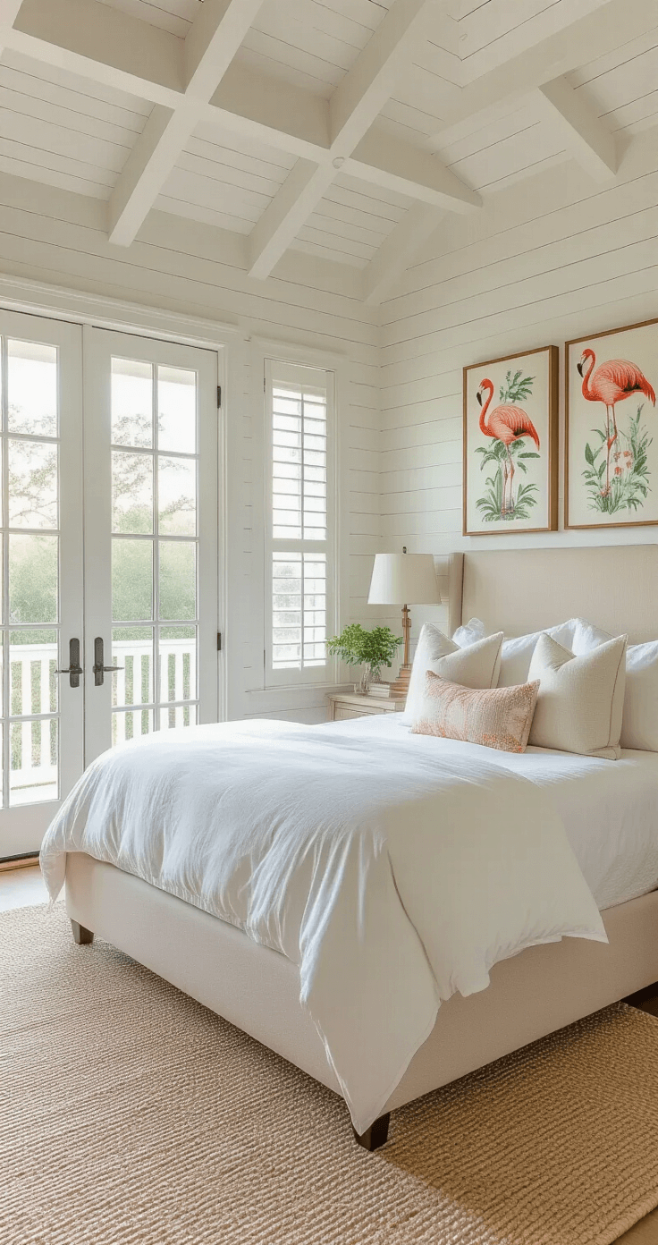 Florida Wall Decor: Bringing the Sunshine State's Vibrant Spirit into Your Home A spacious master bedroom with tray ceilings and French doors to a balcony, showcasing white shiplap walls adorned with botanical prints of flamingos and tropical flowers in coral and mint hues, featuring a cream upholstered bed with white linens, woven grass cloth wallpaper, and a dreamy golden hour glow.